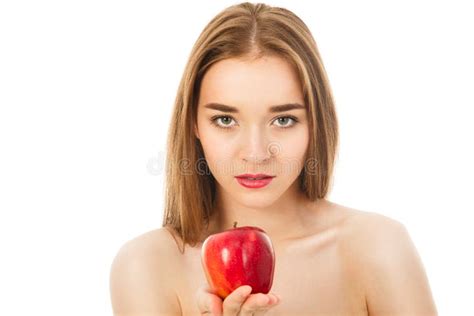 Beautiful Woman With Red Apple Isolated On White Background Stock Image Image Of Cheerful