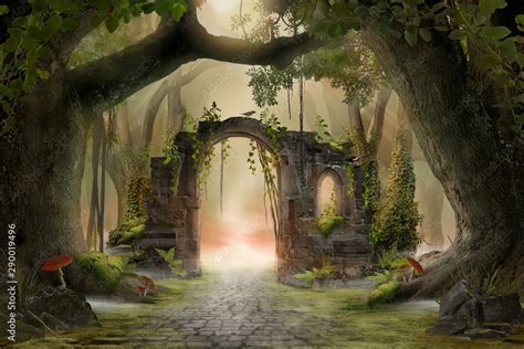 Obraz Archway In An Enchanted Fairy Forest Landscape Misty Dark Mood