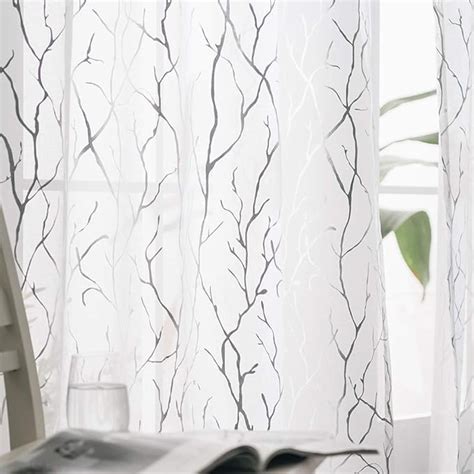 Kotile White Voile Curtains 54 Inch Drop Eyelet Metallic Silver Tree