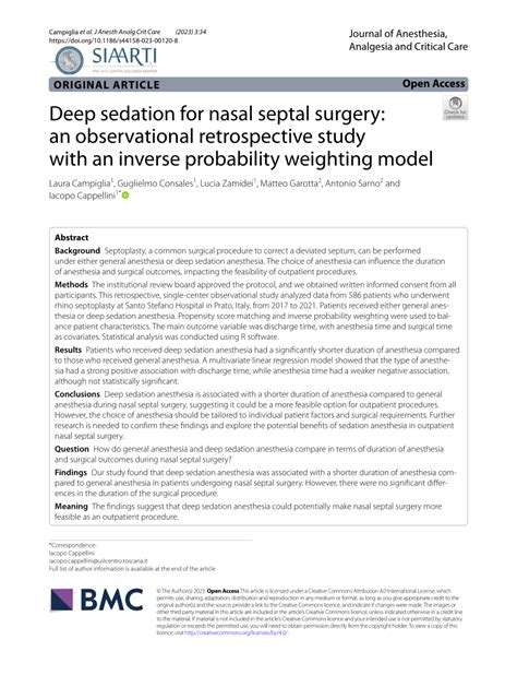 Pdf Deep Sedation For Nasal Septal Surgery An Observational