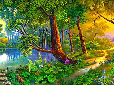 Beautiful Landscape Art Images Summer Painting Forest Trees Path River Forest Flowers Desktop Hd