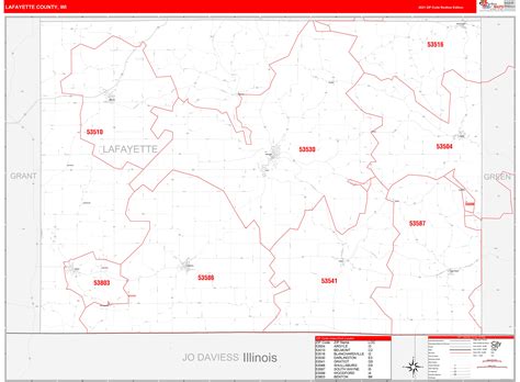 Lafayette County, WI Zip Code Wall Map Red Line Style by MarketMAPS