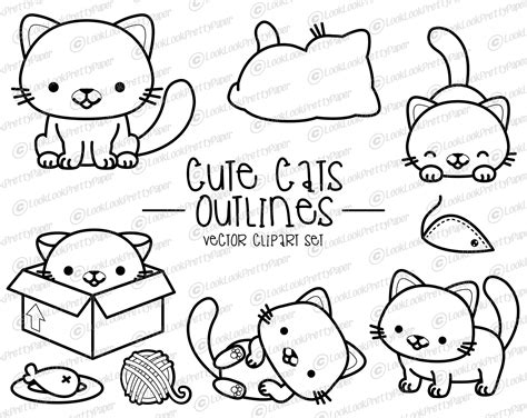 Premium Vector Clipart Kawaii Cat Outlines Cute Cat Etsy Cat