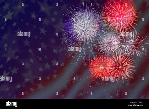 Celebration Fireworks Over American Flag Background 4th Of July
