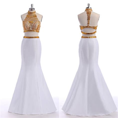 Hot Bling White Gold Prom Dresses 2016 With Crystals Two Pieces Halter Neckline Mermaid Custom