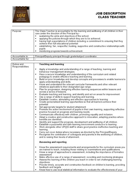 Class Teacher Job Description Educational Assessment Teachers
