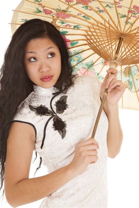 Asian Woman White Dress Umbrella Look Up Stock Image Image Of