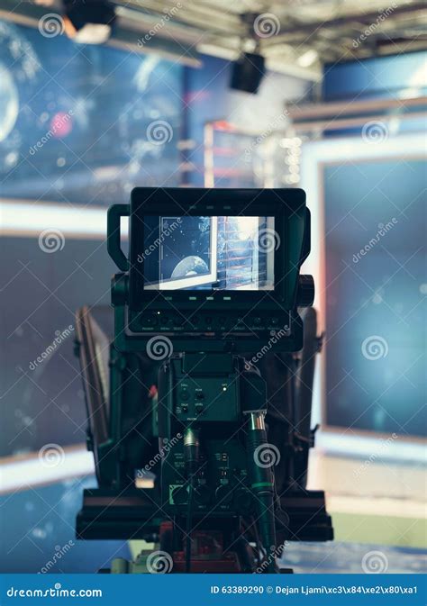 Television Studio With Camera And Lights Recording Tv News Stock