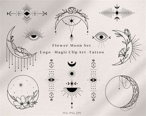 Flower Moon Moon Phases Witch Boho Clip Art Tattoo Logo Etsy
