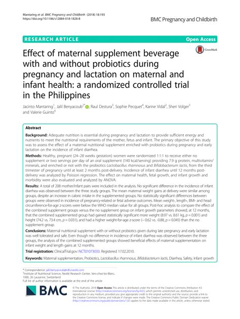 Pdf Effect Of Maternal Supplement Beverage With And Without