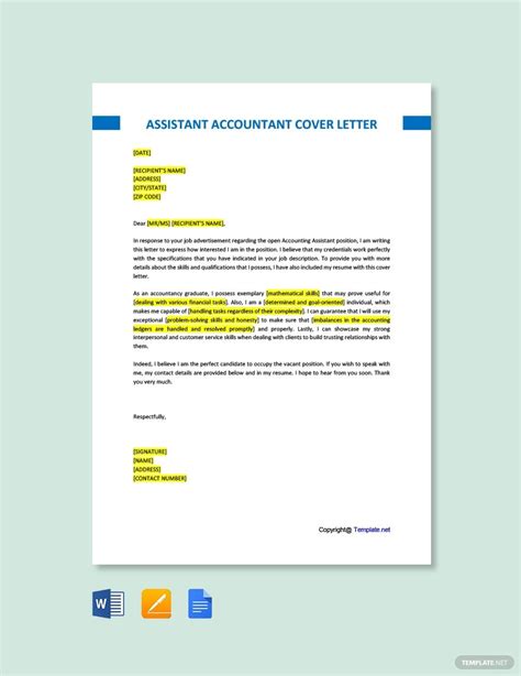 Free Assistant Accountant Cover Letter Template AD Ad Accountant