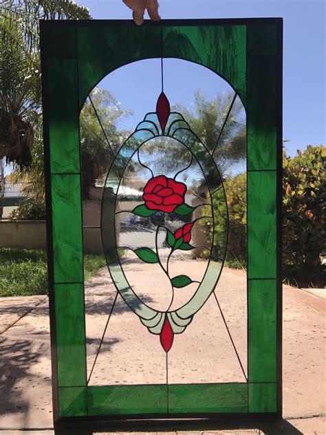 Lovely Single Red Rose Stained Glass Window Panel Or Cabinet Insert