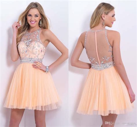 2016 Cheap Peach Beaded Homecoming Dresses Sexy Jewel Neck Short Peach