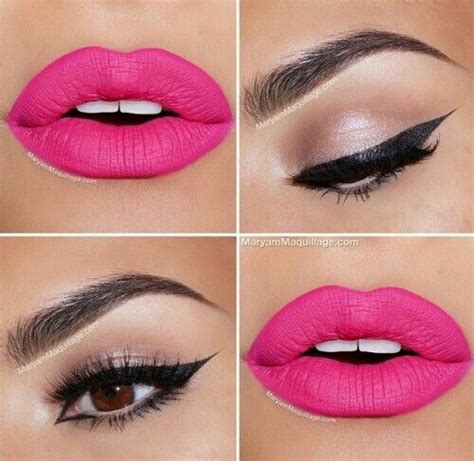 This is a bright pink look with a thin line of liner. Beige cream eye-shadow with winged eyeliner. Bright pink ...