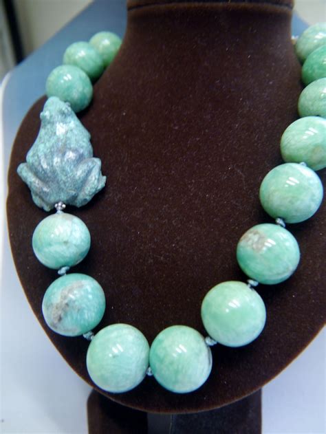Large Polished Amazonite Bead Necklace With Vintage Chinese Carved