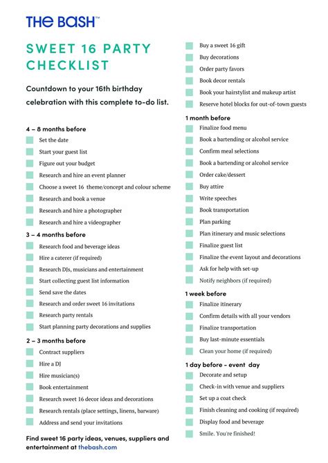 Your Complete Sweet 16 Checklist And Timeline Free Download The Bash