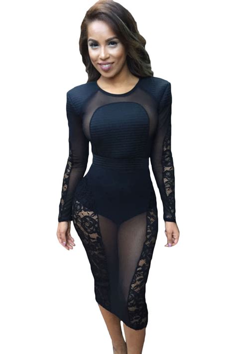 Black 2pcs Lace Mesh Insert Long Sleeve Club Dress Sexy Affordable Clothing