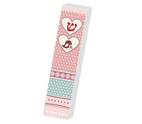 Girls Lucite Mezuzah Case Pink Print Hearts And Chicks