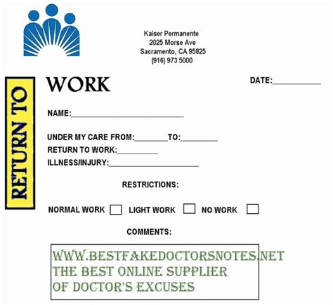 Kaiser Permanente Doctors Note For Work Template Printable Templates