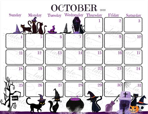 October Month Calendar 2020 Halloween Planner Printable Cats Etsy