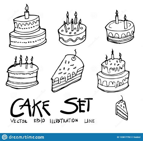 Set Of Birthday Cake Icon Drawing Illustration Hand Drawn Doodle Stock