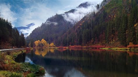 Nature Landscape Mountains Trees Forest Lake Water Mist Clouds