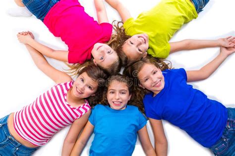 Happy Kid Girls Group Smiling Aerial View Lying Circle Stock Photo