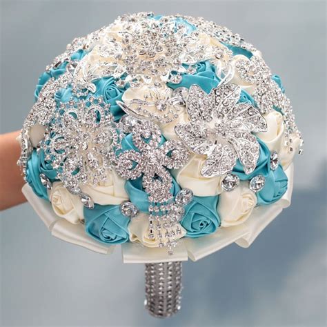 Luxurious Crystal Bridal Wedding Bouquet Ivory Lake Blue Flowers Brooch