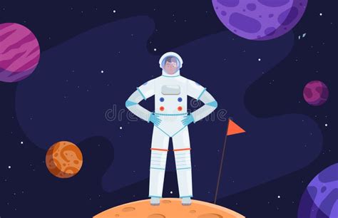 Astronaut In Space Red Planet Colonization Cartoon Cosmonaut In