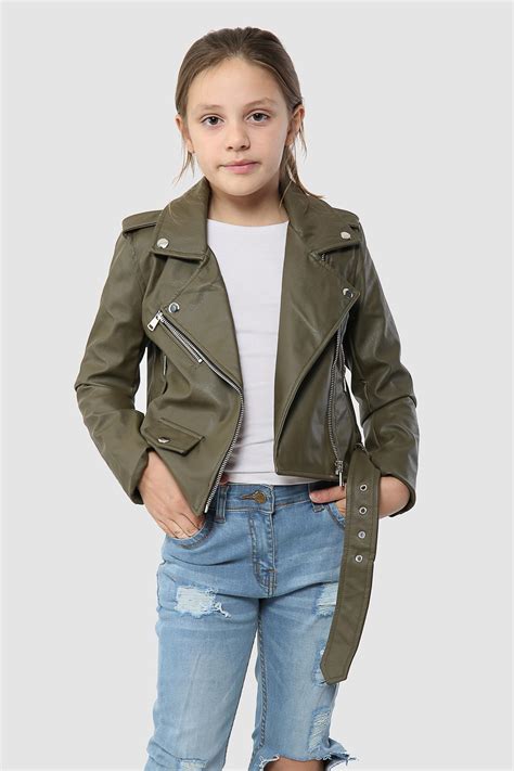 Kids Girls Jackets Designers Pu Leather Jacket Zip Up Biker Belted