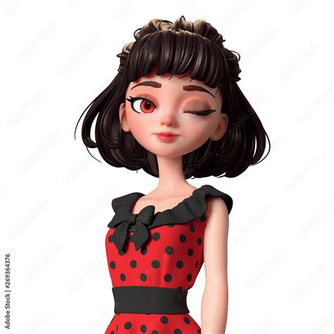 3d cartoon character of a brunette girl with a closed eye and one open portrait of attractive