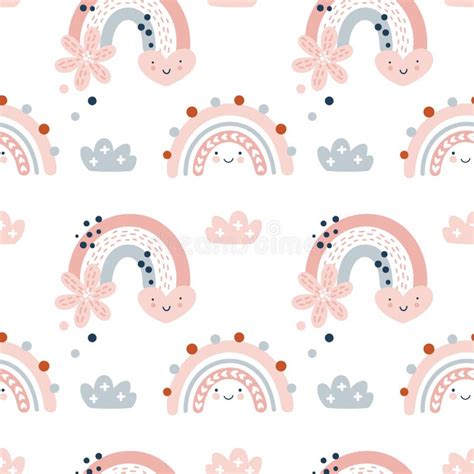 Cute Seamless Vector Pattern With Hand Drawn Scandinavian Rainbows And