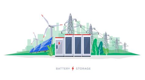 Energy Electricity Battery Storage Grid System With Power Lines Stock
