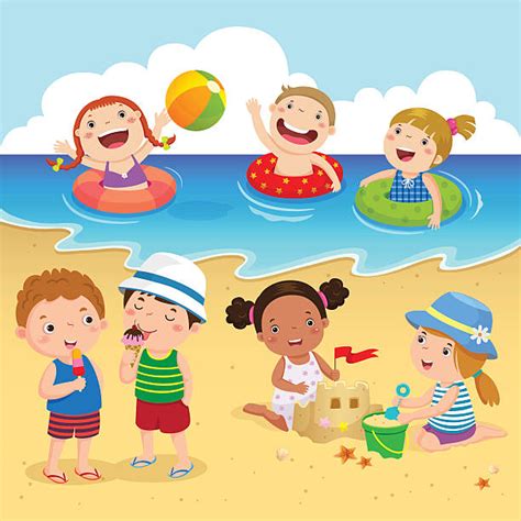 Clip Art Of A Kids Playing On The Beach Illustrations Royalty Free