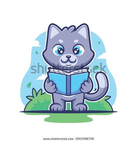 Cute Cat Reading Book Cartoon Vector Stock Vector Royalty Free
