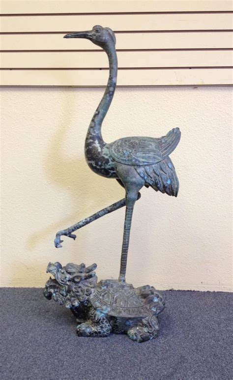 Bronze Chinese Crane Standing On Heavenly Lo Shu Tortoise Dragon Statue