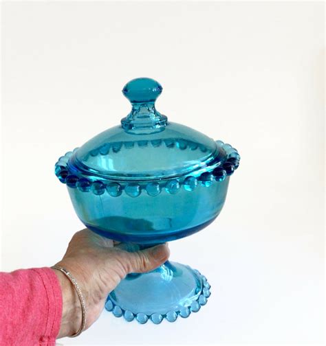 Vintage Blue Glass Compote With Lid Circus Tent Lid Hobnail Etsy