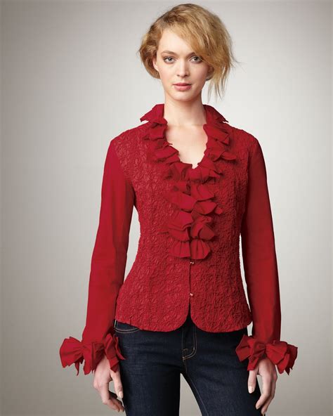 Lyst Go By Go Silk Puckered Ruffle Blouse Petite In Red