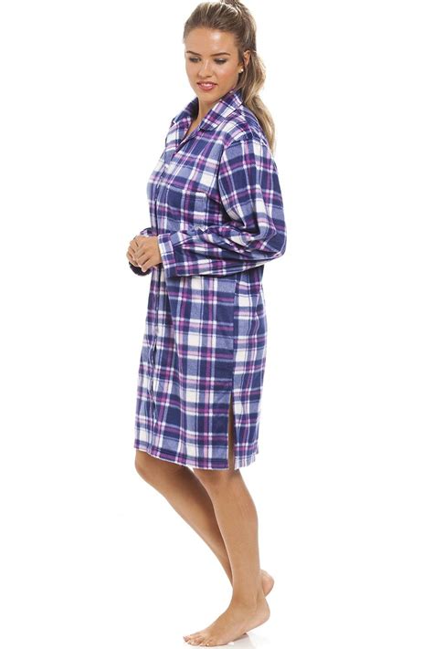 Purple And Navy Checkered Fleece Button Front Nightshirt Plaid
