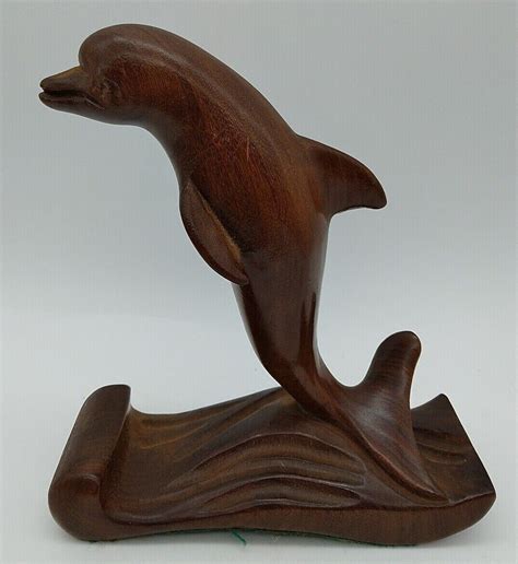 Hand Carved Wood Carving Swimming Dolphin Jumping From Waves 6