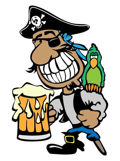 Cartoon Partying Pirate Drinking Beer With Parrot And Peg Leg Isolated