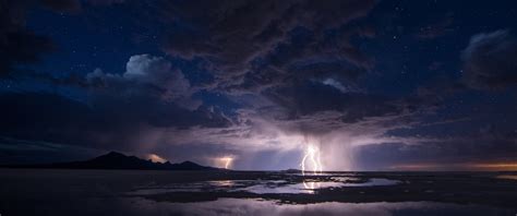 Nature Landscape Storm Lightning Clouds Sky Night 3440x1440