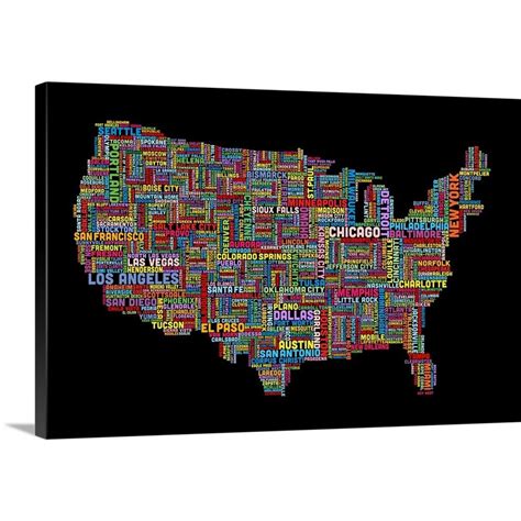 Great Big Canvas United States Cities Text Map Multicolor On Black