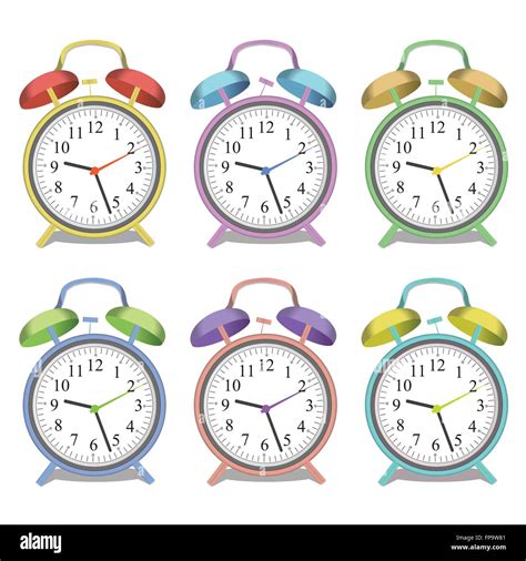 Image Of Various Colorful Alarm Clocks Isolated On A White Background