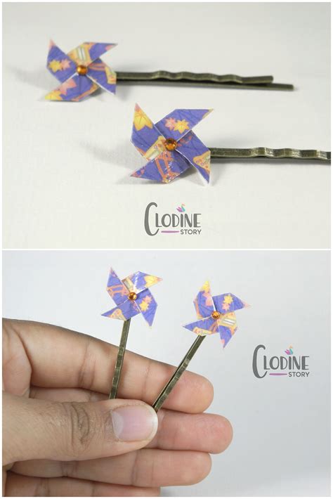 Two Pictures Showing How To Make Origami Pinwheels With Flowers On Them