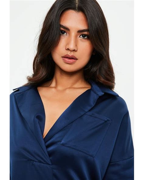 Lyst Missguided Navy Satin Shirt Dress In Blue