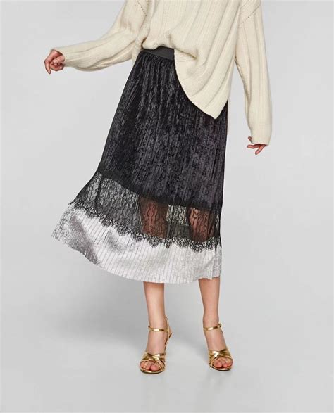 2018 Spring Women Fashion Black Lace Velet Skirt Ladies Double Color Stitching Mid Calf Vintage