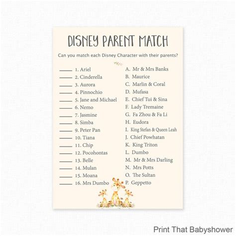 Baby Shower Games Disney Parent Match Game Disney Etsy