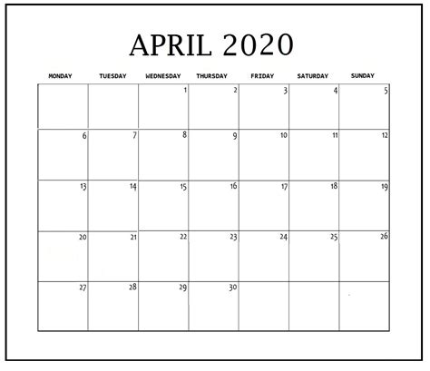 April 2020 Calendar Free 2020 Printable Calendar Blank Templates