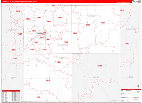 Lubbock Tx Metro Area Zip Code Wall Map Red Line Style By Marketmaps